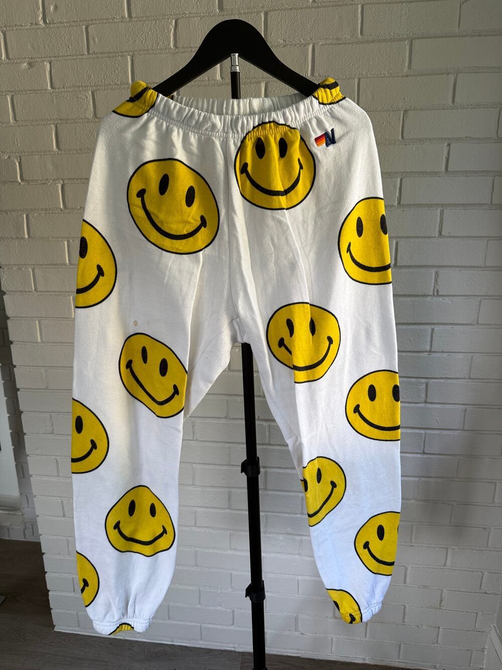 Aviator Nation Smiley Face Sweatpants White Graphic Joggers Made USA Small